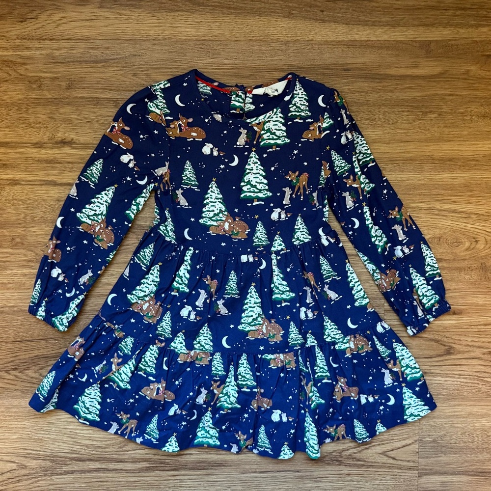 Mini Boden Twirly Cotton Dress in College Navy Festive Woodland Print